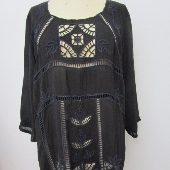 Eyelet Embroidery Shift Dress Arts Craft Black Rayon - Picture 1 of 10